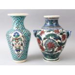 TWO EUROPEAN CERAMIC VASES, for the Islamic market, painted with blue, green and red enamel, 26cm