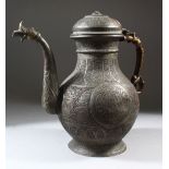 A LARGE ISLAMIC BRONZE LIDDED JUG, with calligraphy decoration, and animal form spout, 32cm high.