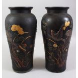 A PAIR OF JAPANESE MEIJI PERIOD BRONZE & LACQUER VASES, the body of the bronze vases decorated