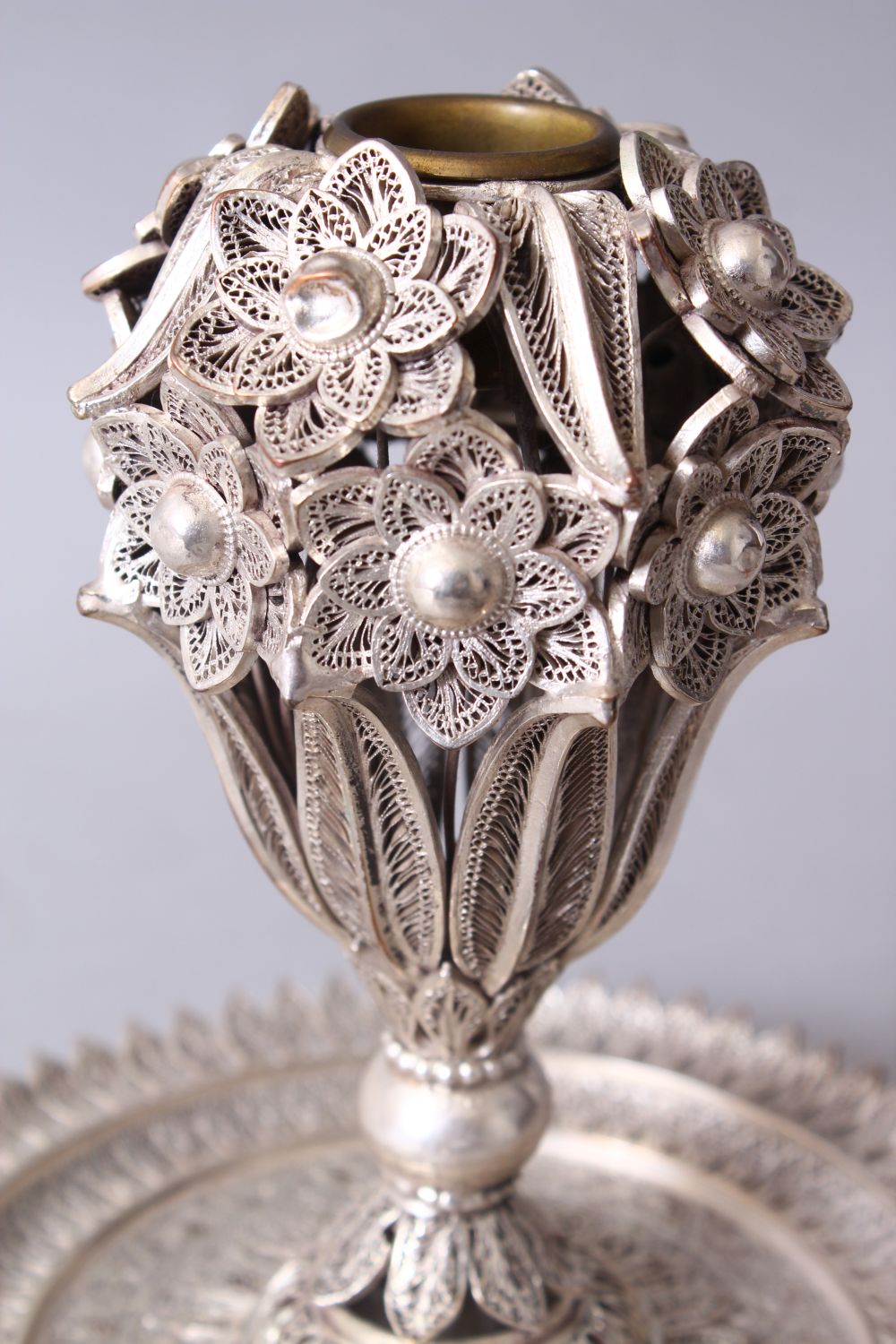 A FINE INDIAN FILIGREE WHITE METAL INCENSE BURNER, the burner formed of floral display, 15.5cm - Image 3 of 7