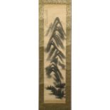 A 19TH / 20TH CENTURY CHINESE HANGING SCROLL PAINTING, of trees and mountains, signed and inscribed,