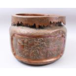 A GOOD LARGE JAPANESE MEIII PERIOD COPPER JARDINIERE, The body with panel decoration depicting