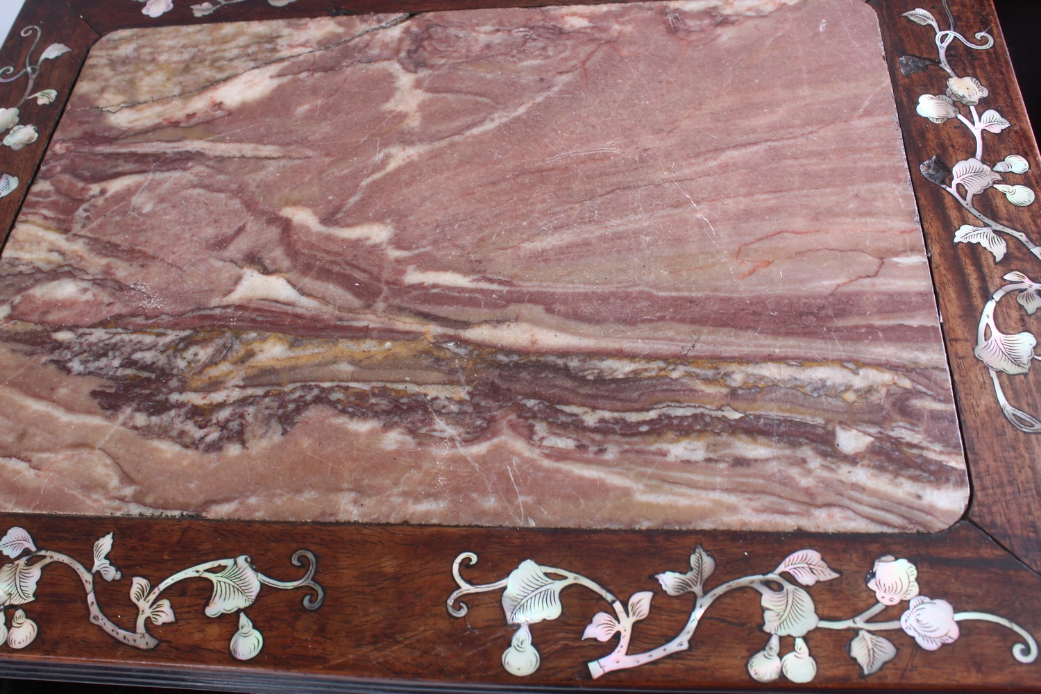 A GOOD PAIR OF 19TH CENTURY CHINESE HARDWOOD AND MOTHER OF PEARL MARBLE TOP STANDS, the tops inset - Image 7 of 7