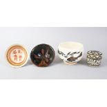 A MIXED LOT OF FOUR CHINESE POTTERY GLAZED CIZHOU WARE ITEMS, consisting of three pottery bowls,