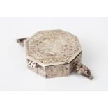 A GOOD SMALL 19TH CENTURY PERSIAN QAJAR ISLAMIC SILVER HEXAGONAL SHAPED BAZU/BAND QURAN BOX, with