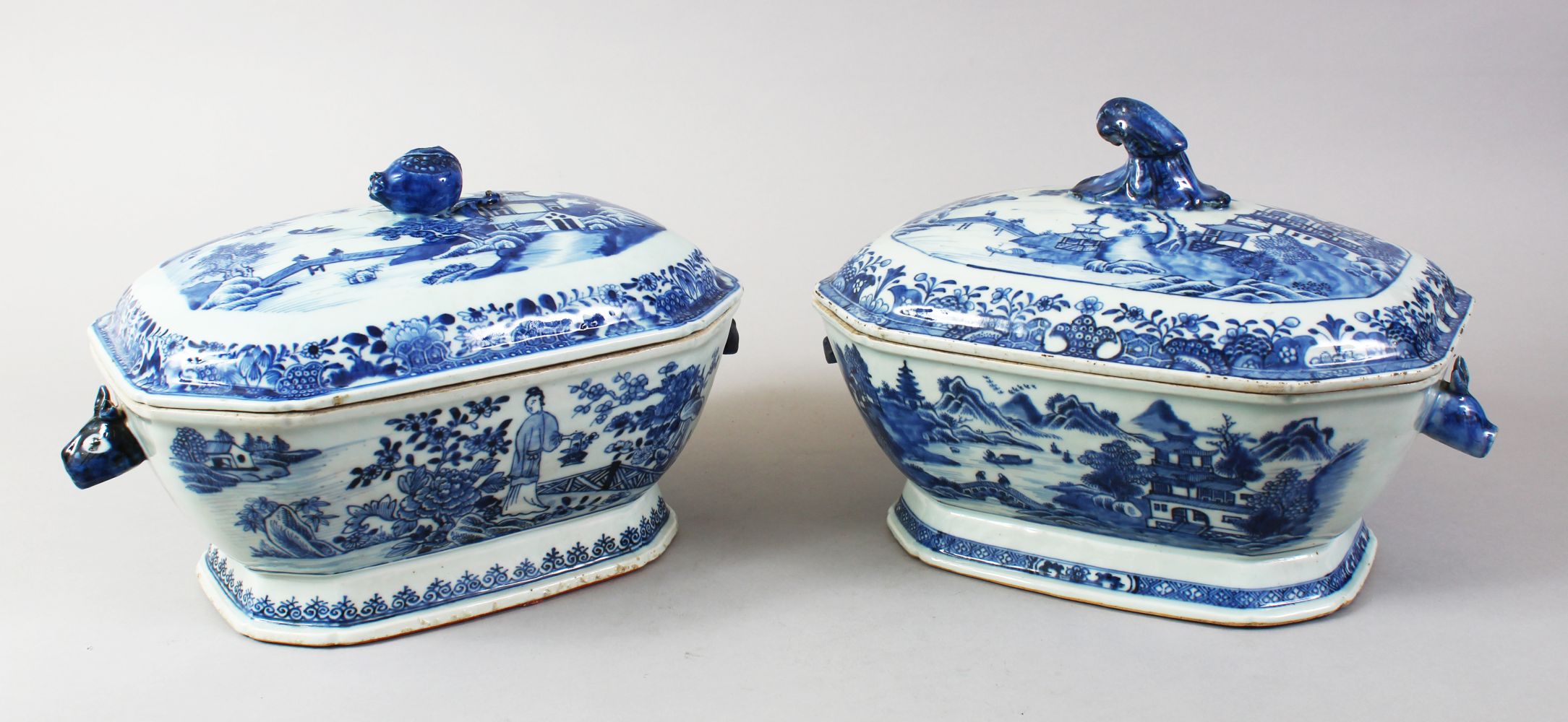 TWO 19TH CENTURY CHINESE BLUE & WHITE PORCELAIN TUREENS AND COVERS, painted with fisherman and a