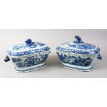 TWO 19TH CENTURY CHINESE BLUE & WHITE PORCELAIN TUREENS AND COVERS, painted with fisherman and a