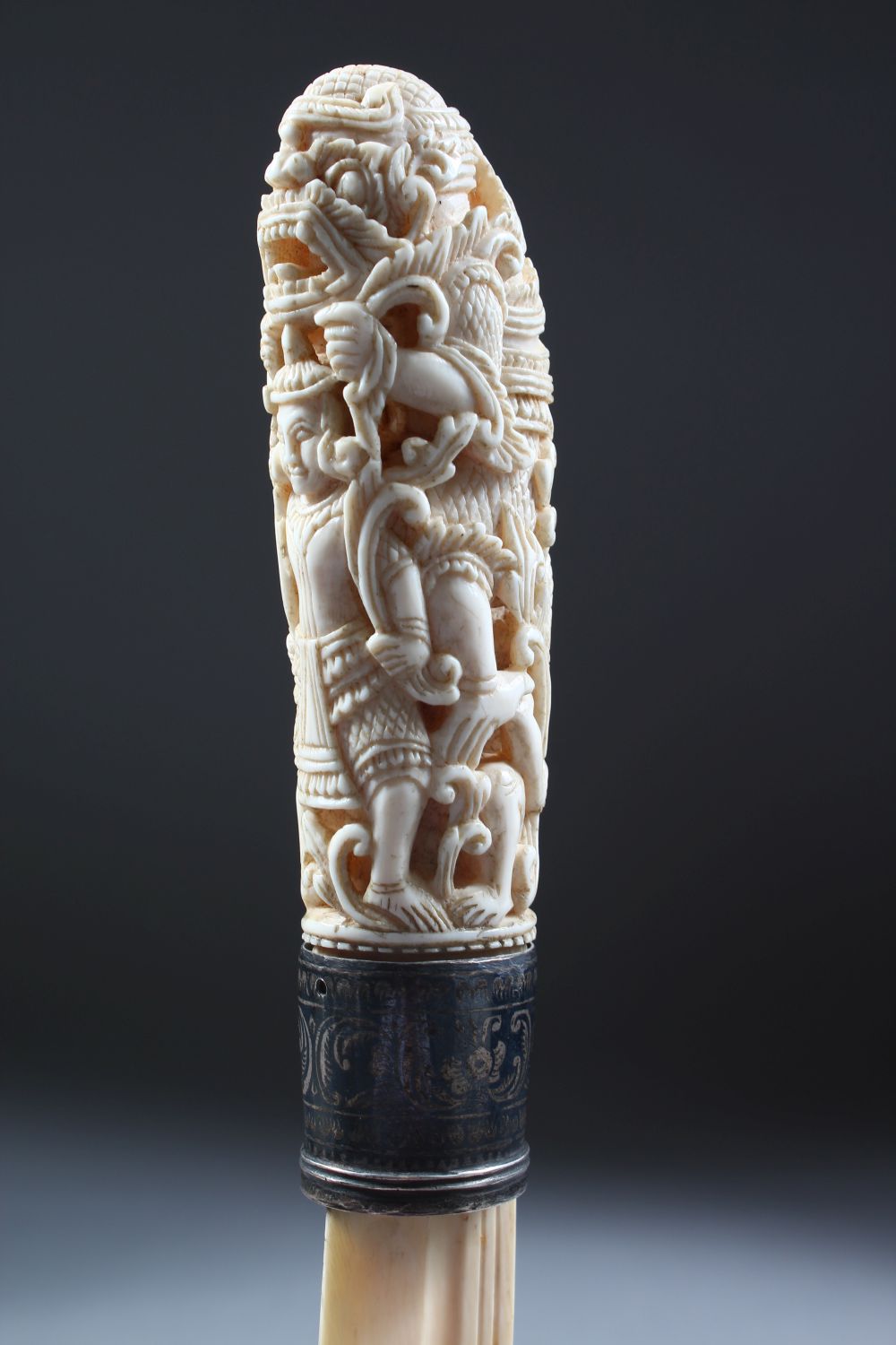 A GOOD 19TH CENTURY BURMESE IVORY PAGE TURNER, with a well carved handle and Niello Silver collar, - Image 3 of 4