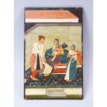 A 19TH / 20TH CENTURY INDIAN PAINTING ON WOOD, depicting figures with instruments interior, 17cm