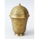 AN EXTREMELY FINE 18TH/19TH CENTURY PERSIAN QAJAR BRASS INCENSE BURNER, with pierced cover, and
