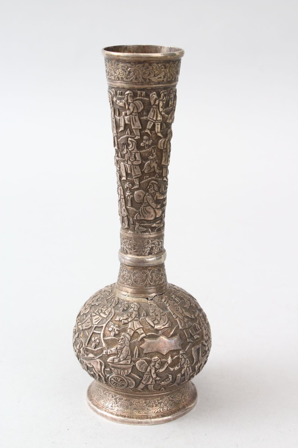 A VERY FINE 19TH CENTURY PERSIAN QAJAR SHIRAZ, SILVER BOTTLE VASE, with finely embossed and chased - Image 3 of 7