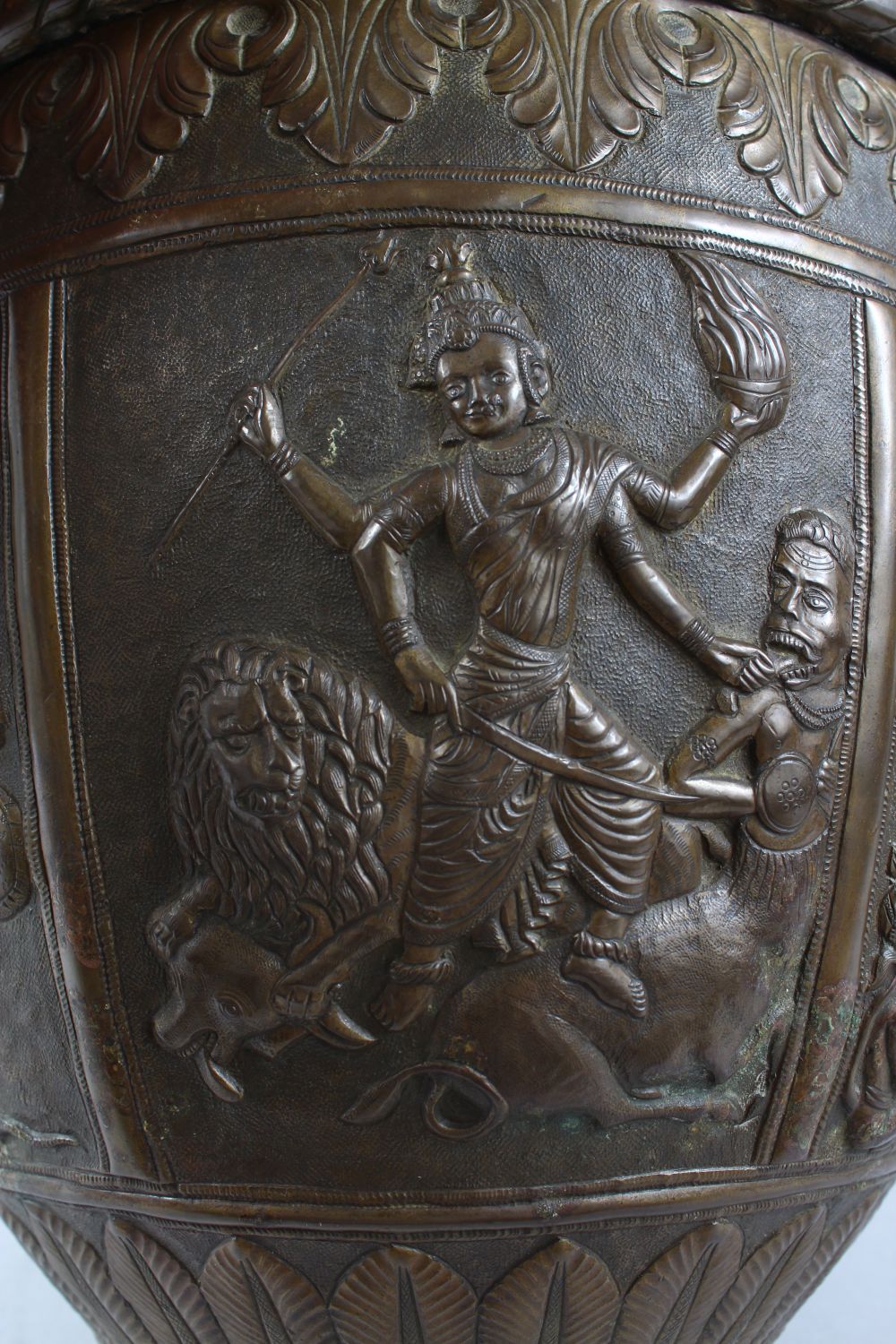 A GOOD AND LARGE INDIAN BRASS JARDINIERE, the body with panel decoration depicting figures and - Image 7 of 10