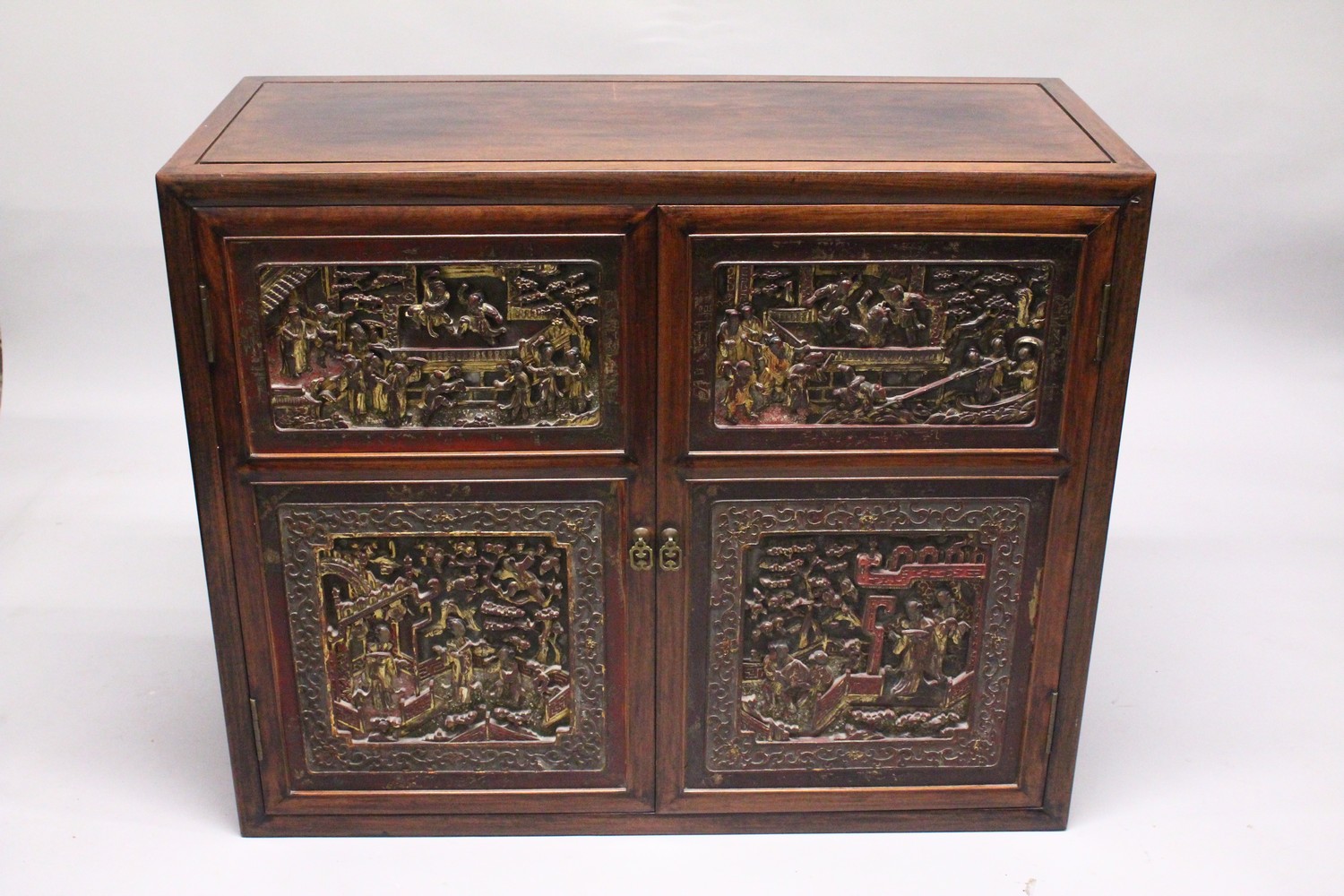 A GOOD 19TH CENTURY CHINESE HARDWOOD CABINET, the cabinet with two large carved and gilded doors, - Image 2 of 10