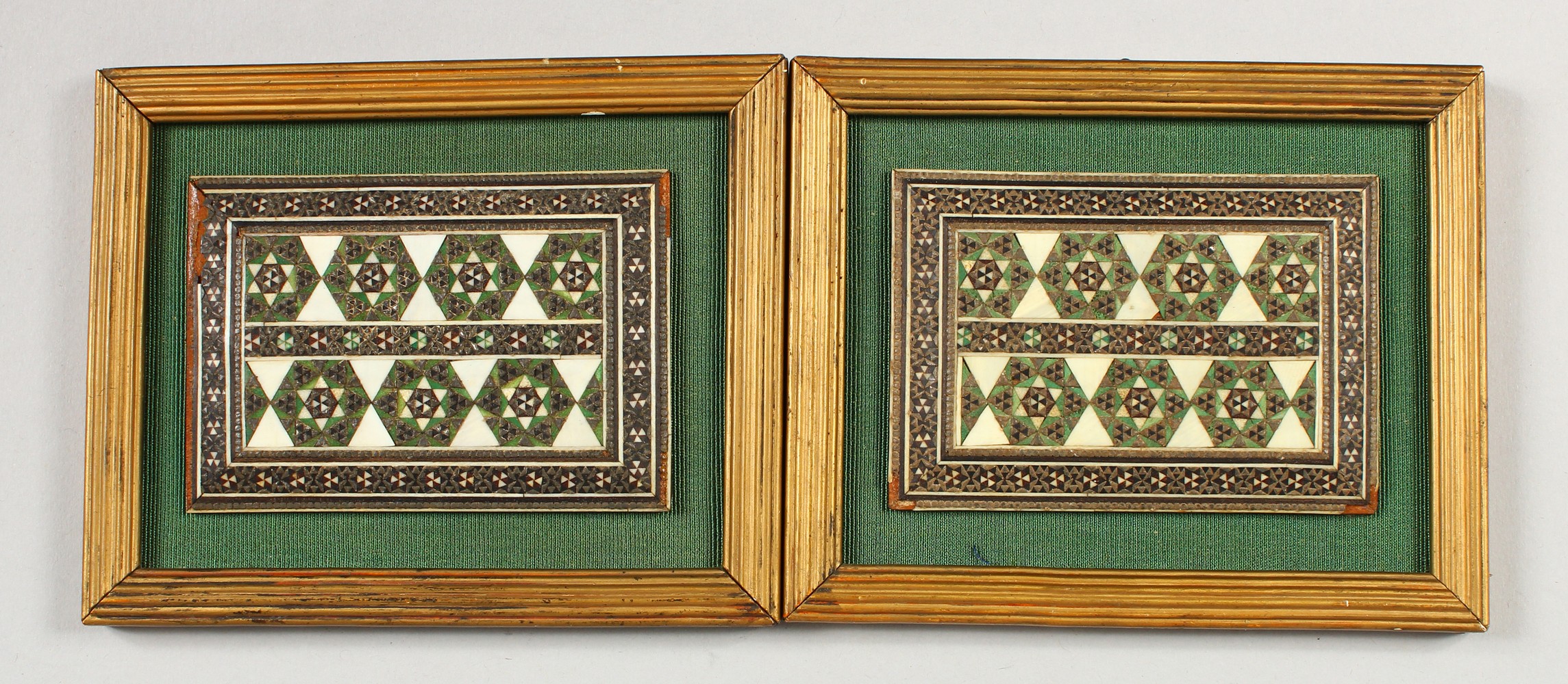 A PAIR OFF LATE 19TH CENTRUY INDIAN MICRO MOSAIC PLAQUES, framed, plaques: 8.5cm x 6cm.