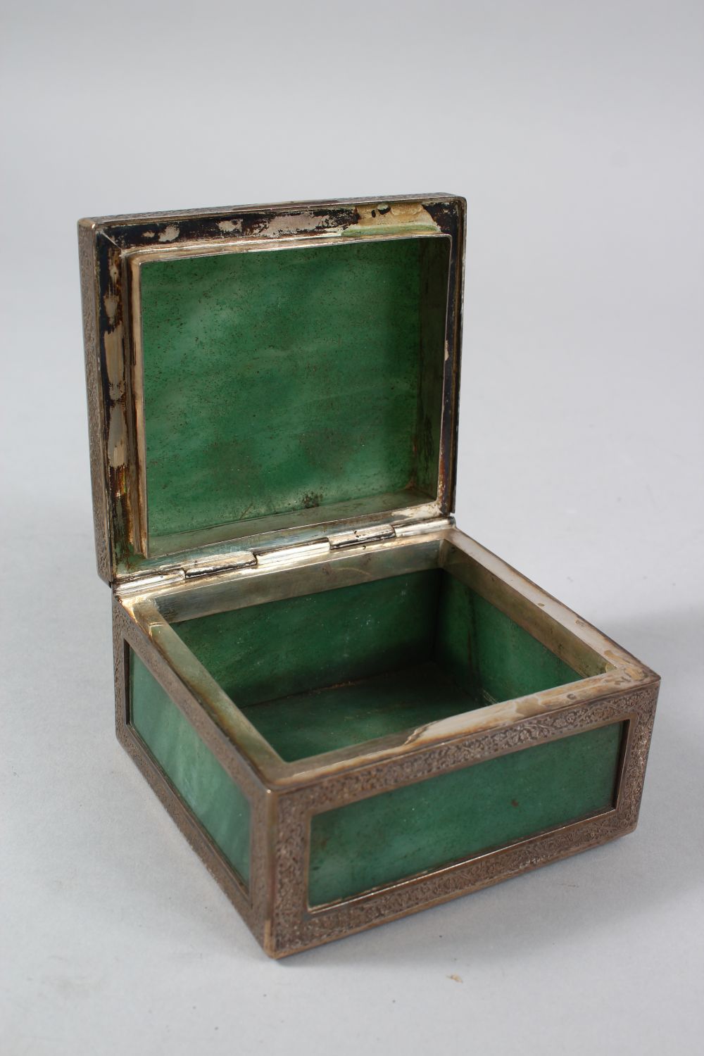 A COLLECTION OF THREE INDIAN CASHMIRI SILVER MOUNTED GREEN HARDSTONE BOXES, largest 10cm wide - Image 5 of 6