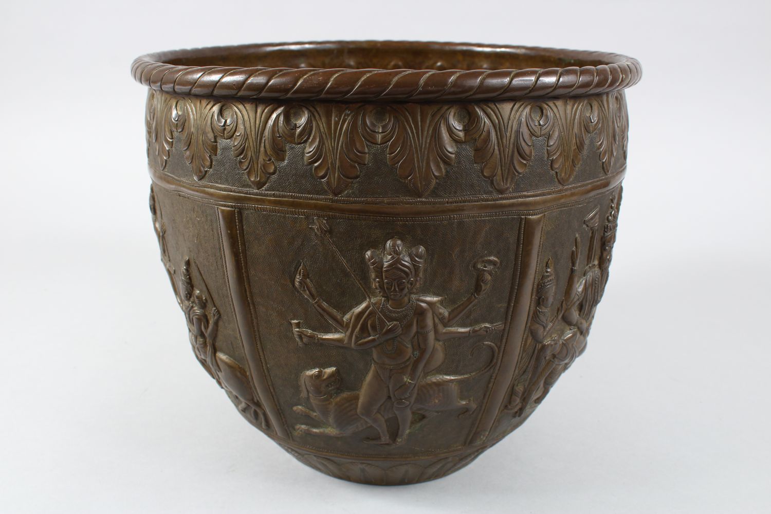 A GOOD AND LARGE INDIAN BRASS JARDINIERE, the body with panel decoration depicting figures and - Image 4 of 10