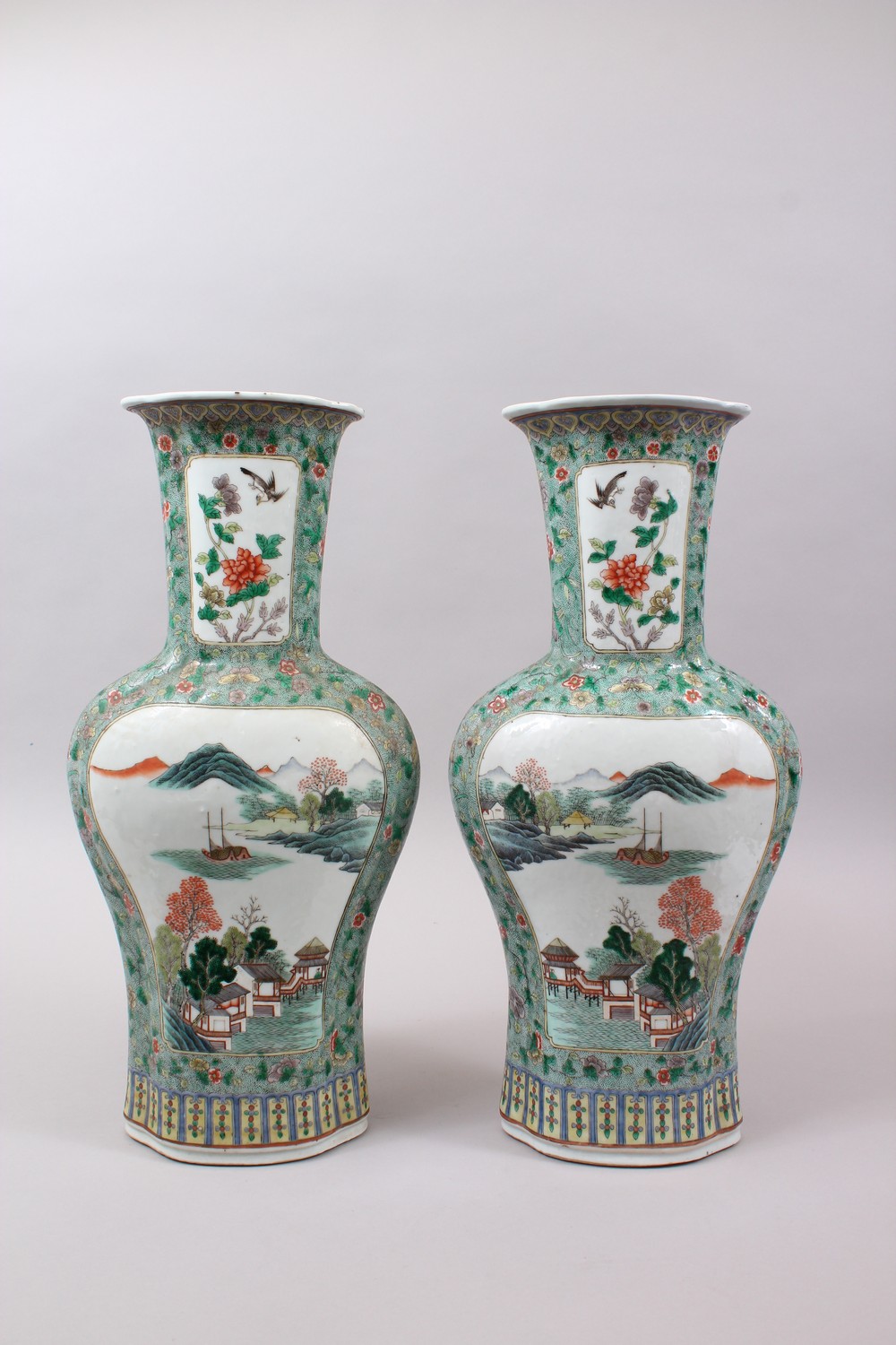 A GOOD PAIR OF 19TH CENTURY CHINESE FAMILLE VERT PORCELAIN VASES, the body of the vases decorated - Image 3 of 13