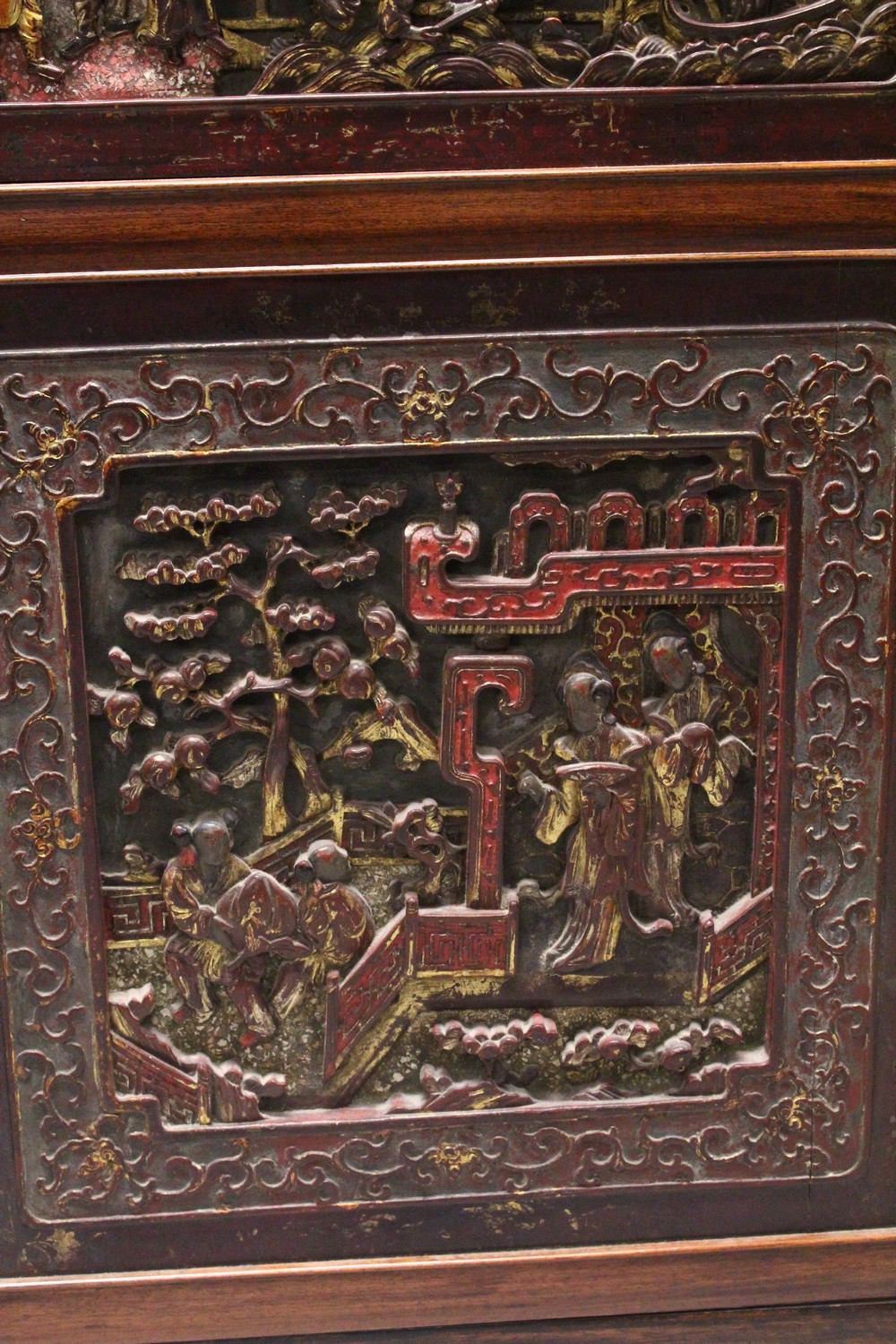 A GOOD 19TH CENTURY CHINESE HARDWOOD CABINET, the cabinet with two large carved and gilded doors, - Image 6 of 10