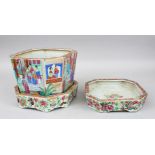 TWO 19TH CENTURY CHINESE CANTON FAMILLE ROSE PORCELAIN PLANT POTS & TRAYS, the pots decorated with