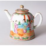 A 19TH CENTURY CHINESE CANTON FAMILLE ROSE PORCELAIN TEA POT & COVER, the body decorated with scenes