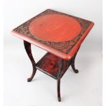 A GOOD 19TH / 20TH CENTURY JAPANESE CINNABAR LACQUER TABLE, the table top carved deeply to depict