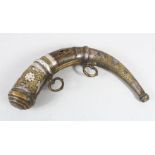 A GOOD ISLAMIC BRASS MOUNTED POWDER HORN, with engraved decoration, 36cm long.