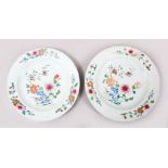 A PAIR OF 18TH / 19TH CENTURY CHINESE FAMILLE ROSE PORCELAIN PLATES, the plates decorated with