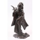 A GOOD JAPANESE MEIJI PERIOD BRONZE OKIMONO OF A GEISHA GIRL & BIRD, the lady stood in traditional