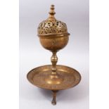 AN EARLY TURKISH OTTOMAN BRONZE PERFUME BURNER, the body with chased decoration and a pierced hinged