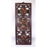 A LARGE 19TH / 20TH CENTURY CHINESE GILT WOOD CARVED HANGING PANEL, the panel carved and pierced