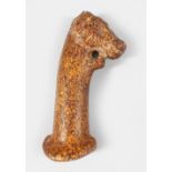 AN EARLY INDIAN CARVED STONE DAGGERS HANDLE IN THE FORM OF A HORSES HEAD, 14cm long.