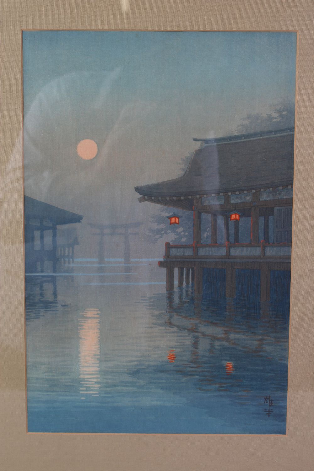 A GOOD PAIR OF JAPANESE SCHOOL WATERCOLOUR PAINTING, a temple at sunset and houses on a river at - Image 2 of 5