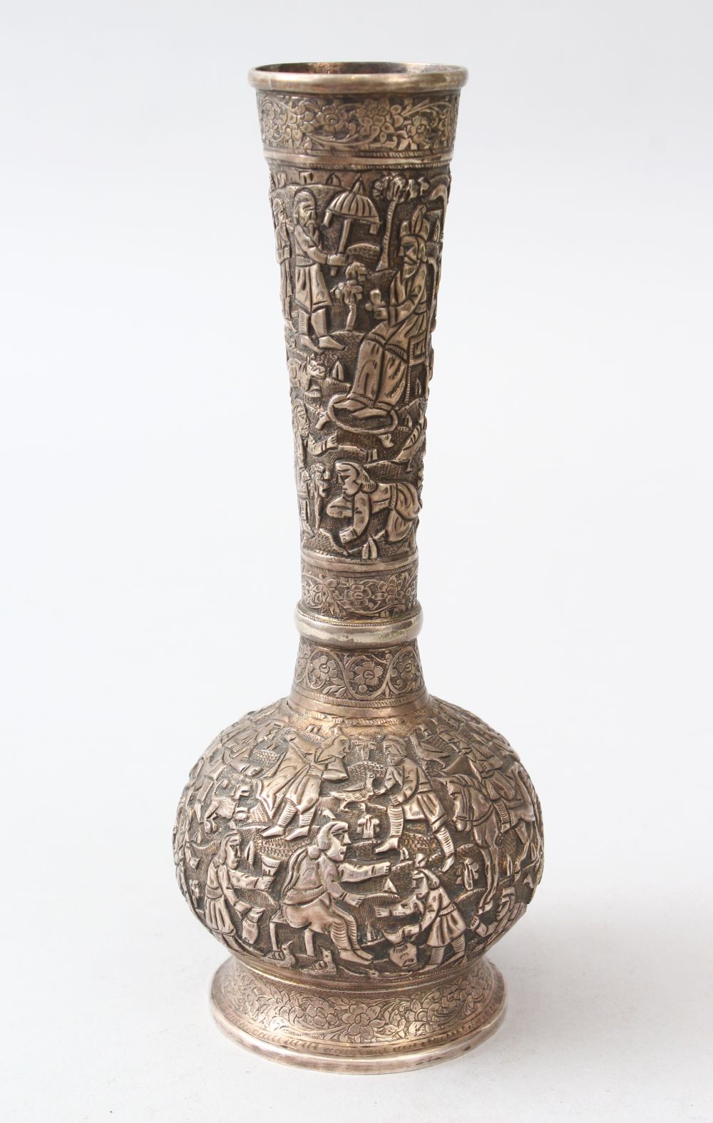 A VERY FINE 19TH CENTURY PERSIAN QAJAR SHIRAZ, SILVER BOTTLE VASE, with finely embossed and chased