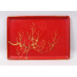 A JAPANESE LATE MEIJI / EARLY TAISHO PERIOD LACQUER TRAY, decorated with a cherry tree, 48CM X