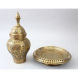 A VERY FINE 19TH CENTURY PERSIAN QAJAR ISLAMIC BRASS VASE AND COVER, with pierced and silver