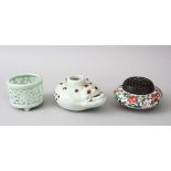 THREE CHINESE / ASIAN 19TH / 20TH CENTURY PORCELAIN CENSERS, one with famille rose decoration and
