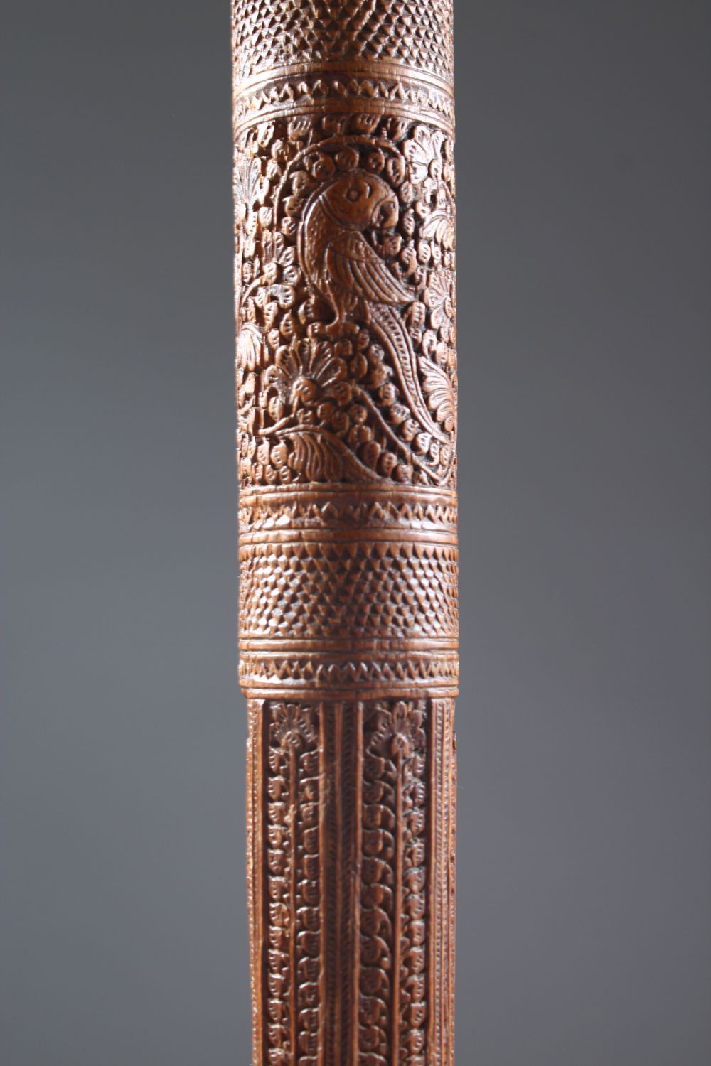 A 19TH CENTURY INDIAN CARVED SANDAL WOOD MAYSORE WALKING STICK, 87cm. - Image 7 of 10