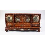 A GOOD SMALL 19TH CENTURY CHINESE ROSEWOOD & MOTHER OF PEARL TABLE CABINET, with two sliding