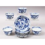 A SET OF 5 KANGXI PERIOD CHINESE BLUE & WHITE PORCELAIN TEA CUP & SAUCERS, the body with landscape