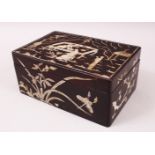 A GOOD 19TH / 20TH CENTURY CHINESE HARDWOOD & INLAID MOTHER OF PEARL OPIUM SMOKERS BOX, the lidded