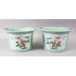 A GOOD PAIR OF 19TH / 20TH CENTURY CHINESE CELADON / FAMILLE ROSE PORCELAIN JARDINERES, the pots