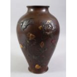 A JAPANESE MEIJI PERIOD BRONZE & MIXED METAL VASE, the body of the vase with on laid decoration
