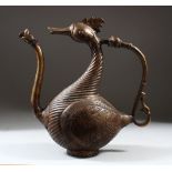 A GOOD ISLAMIC BRONZE EWER, in the form of a bird 30cm high.