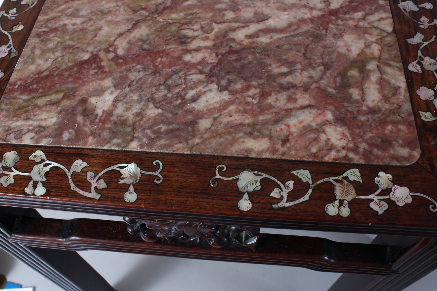 A GOOD PAIR OF 19TH CENTURY CHINESE HARDWOOD AND MOTHER OF PEARL MARBLE TOP STANDS, the tops inset - Image 4 of 7