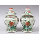 A PAIR OF 19TH CENTURY CHINESE FAMILLE VERTE PORCELAIN JARS / VASES & COVERS, the body of the