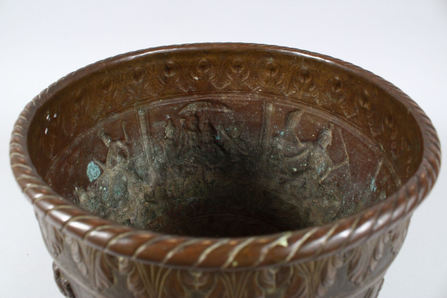 A GOOD AND LARGE INDIAN BRASS JARDINIERE, the body with panel decoration depicting figures and - Image 10 of 10
