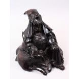 A GOOD JAPANESE MEIJI PERIOD BRONZE OKIMONO OF JUROJIN & DEER, the lucky Japanese god in a seated