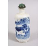 A GOOD 19TH CENTURY CHINESE BLUE & WHITE PORCELAIN SNUFF BOTTLE,decorated with scenes of landscapes,
