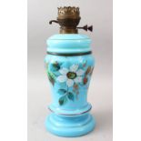 A VICTORAIN BLUE OPELINE GLASS OIL LAMP BASE, painted with flowers, 39cm high.