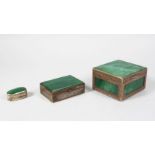 A COLLECTION OF THREE INDIAN CASHMIRI SILVER MOUNTED GREEN HARDSTONE BOXES, largest 10cm wide